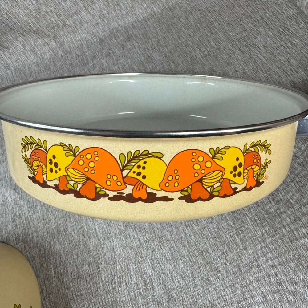 Vintage Merry Mushroom Enamel Cookware Set Retro 70s Skillet and Saucepan Retro